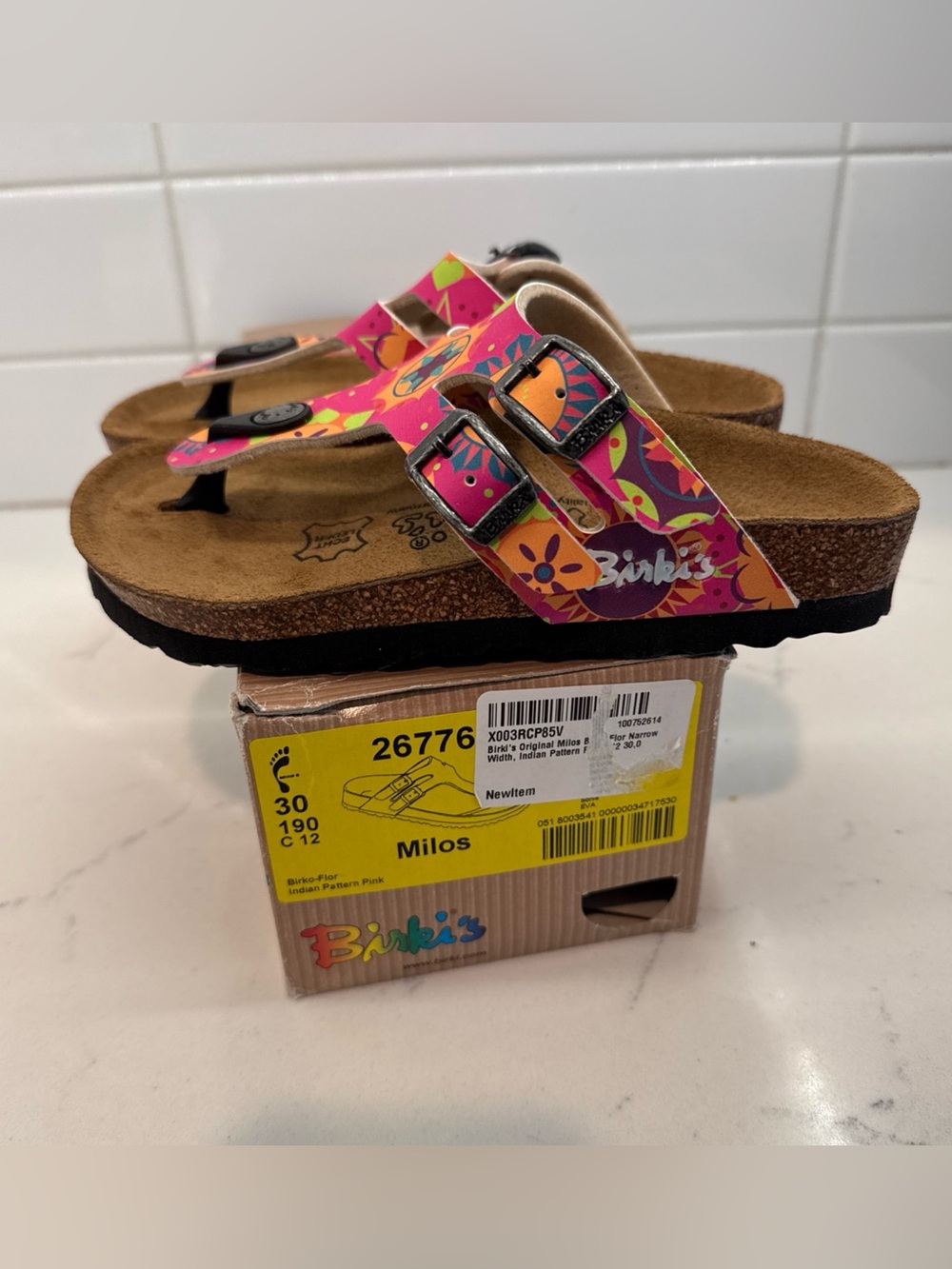 New Birki’s Kids' Milos Floral Pink Cork Sandals Gizeh style Girls slip on
